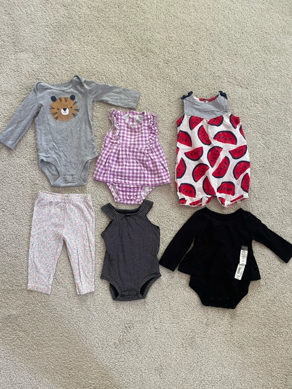 9mo old girls lot - 6 pieces cute one pieces and pjs, spring / summer patterns